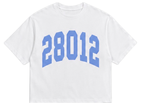White t-shirt with blue text '28012' on a white background