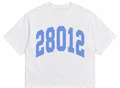 White t-shirt with blue text '28012' on a white background