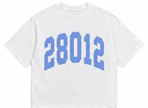 White t-shirt with blue text '28012' on a white background
