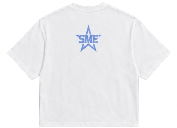 White t-shirt with blue logo on the back against a white background