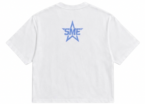 White t-shirt with blue logo on the back against a white background