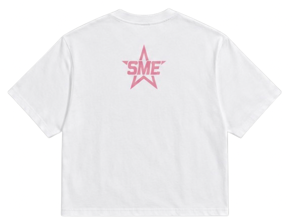 White t-shirt with pink logo on the back on a white background