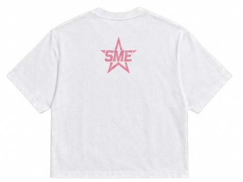 White t-shirt with pink logo on the back on a white background