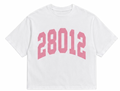 White t-shirt with pink '28012' print on a white background