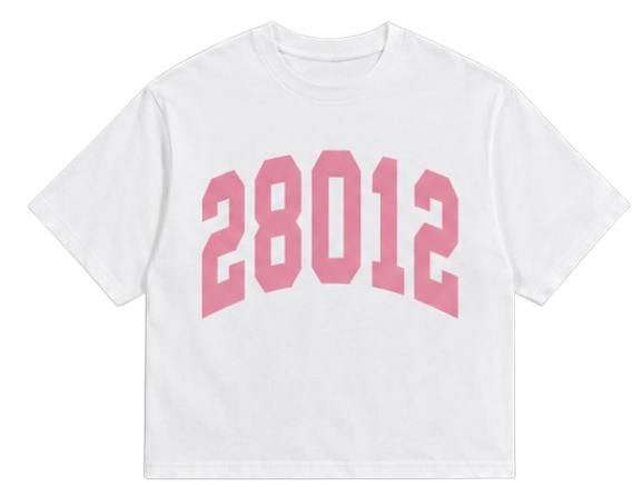 White t-shirt with pink '28012' print on a white background