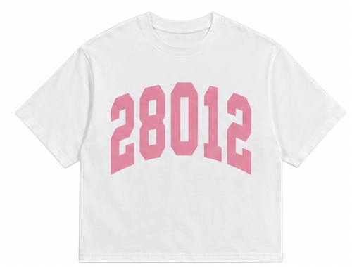 White t-shirt with pink '28012' print on a white background