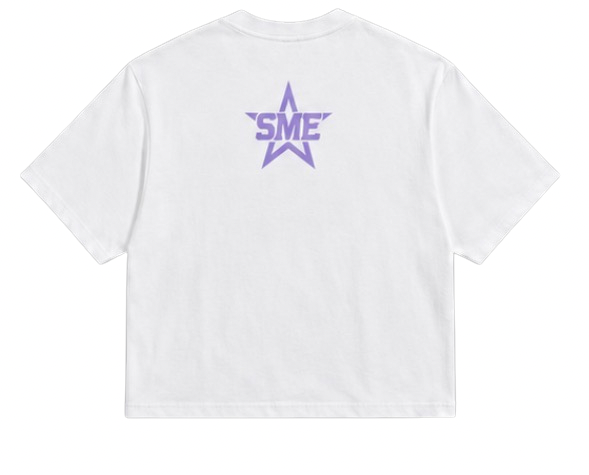White t-shirt with a purple star and text logo on the back against a white background