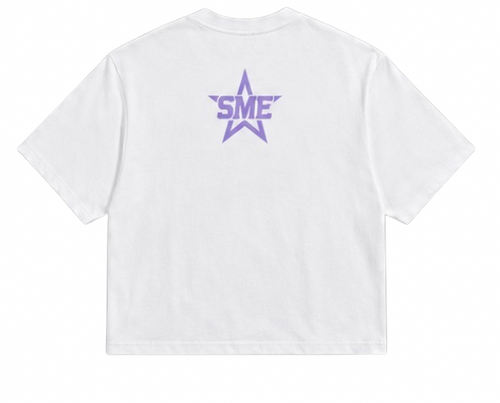 White t-shirt with a purple star and text logo on the back against a white background