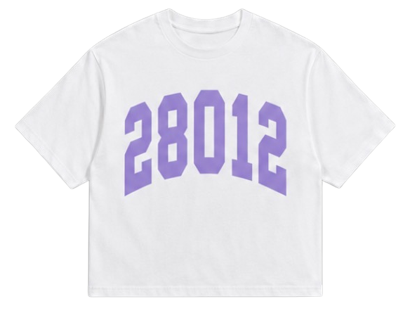 White t-shirt with purple text '28012' on a white background