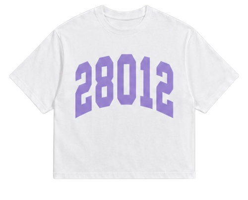White t-shirt with purple text '28012' on a white background